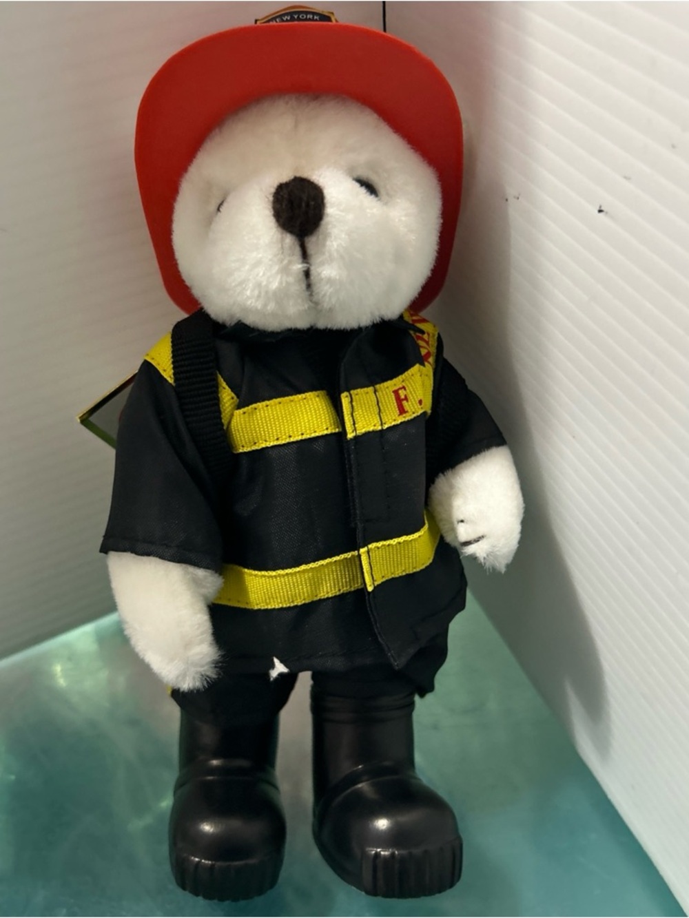 Ty White Bear in Firefighter Outfit with Red Helmet and Black Coat